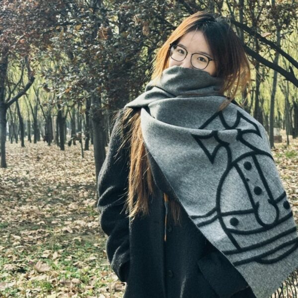 Double-Sided Embroidered Wool Scarf with Tassels for Autumn & Winter