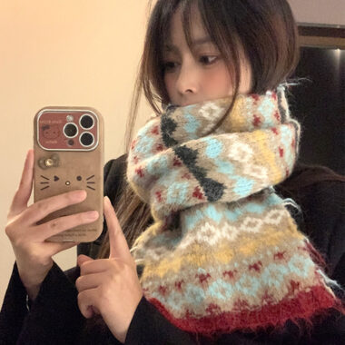 Fair Isle Wool Scarf for Women – Vintage Chunky Knit Mohair Winter Wrap