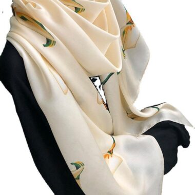  Luxury Long Mulberry Silk Scarf with Calla Lily Design, Sun Protection Shawl for Women