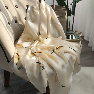  Luxury Long Mulberry Silk Scarf with Calla Lily Design, Sun Protection Shawl for Women