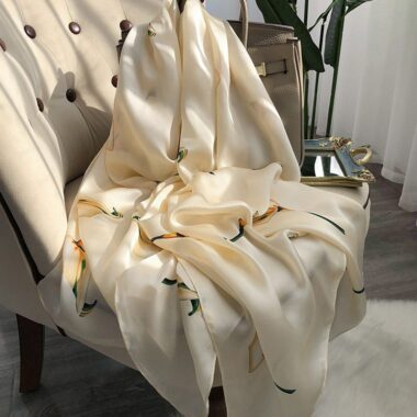  Luxury Long Mulberry Silk Scarf with Calla Lily Design, Sun Protection Shawl for Women