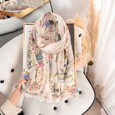 Vintage Floral Cotton-Linen Scarf for Women, Fashionable and Elegant