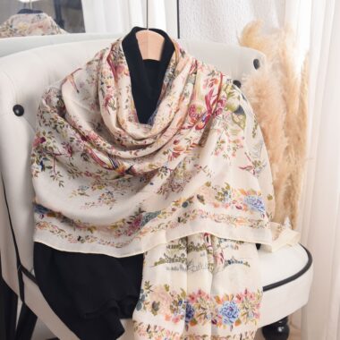  Vintage Floral Cotton-Linen Scarf for Women, Fashionable and Elegant
