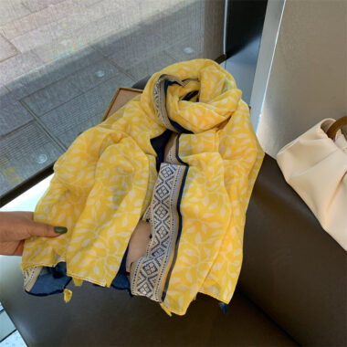 Yellow Cotton Linen Scarf Shawl with Tassels for Sun Protection