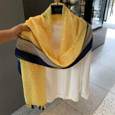 Yellow Cotton Linen Scarf Shawl with Tassels for Sun Protection