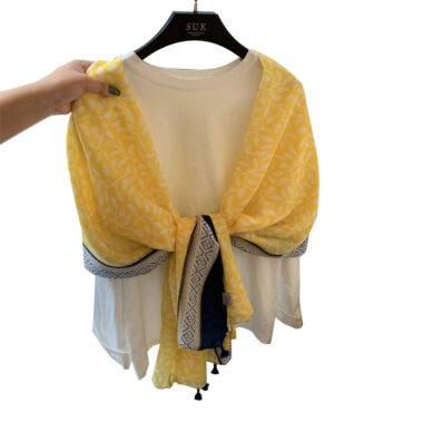 Yellow Cotton Linen Scarf Shawl with Tassels for Sun Protection