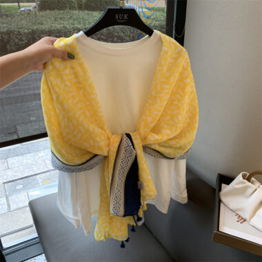 Yellow Cotton Linen Scarf Shawl with Tassels for Sun Protection